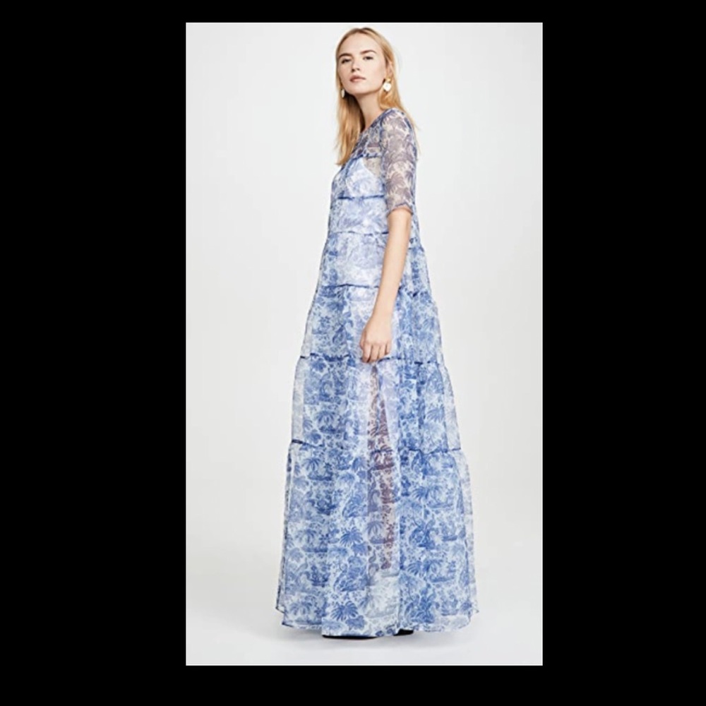 IN SEARCH OF STAUD Hyacinth Tiered Printed Crinkled-organza Maxi Dress In Blue